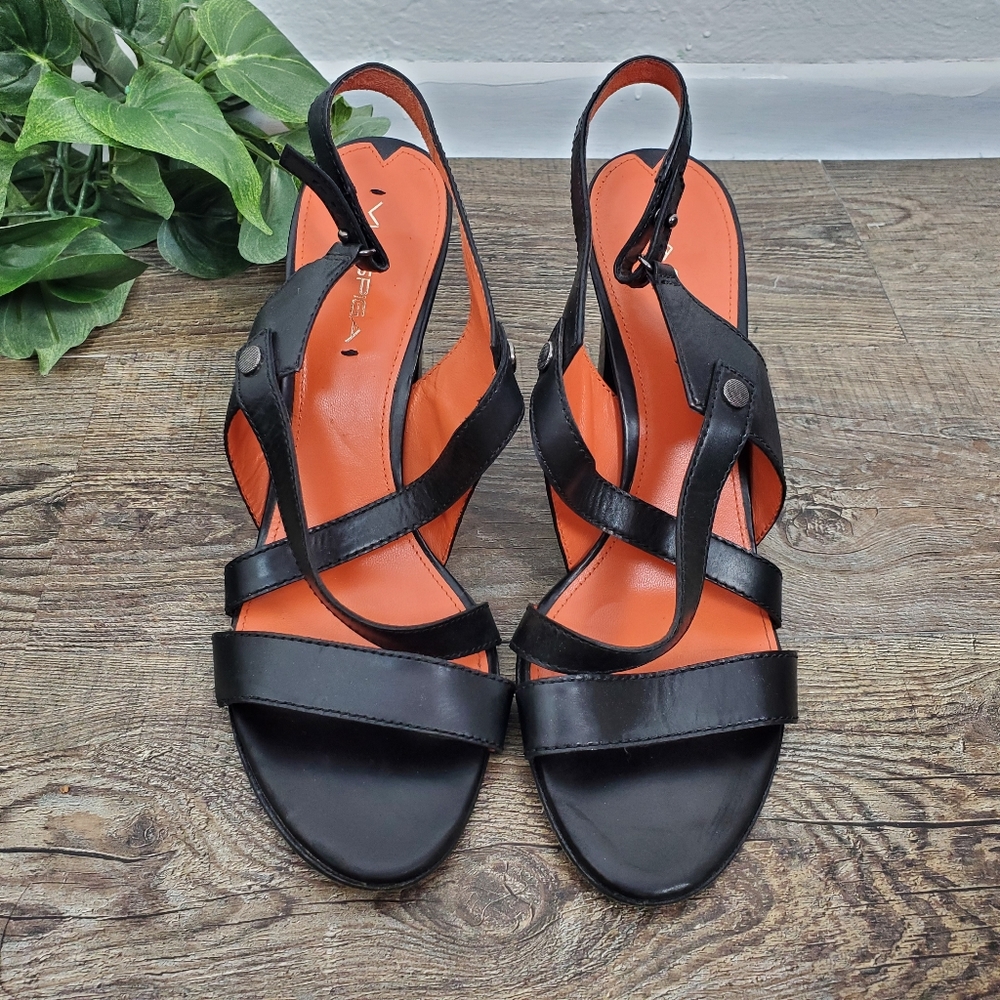 Via Spiga Heels Sandals Sling Back Cross Over Strappy Black Leather Slingback